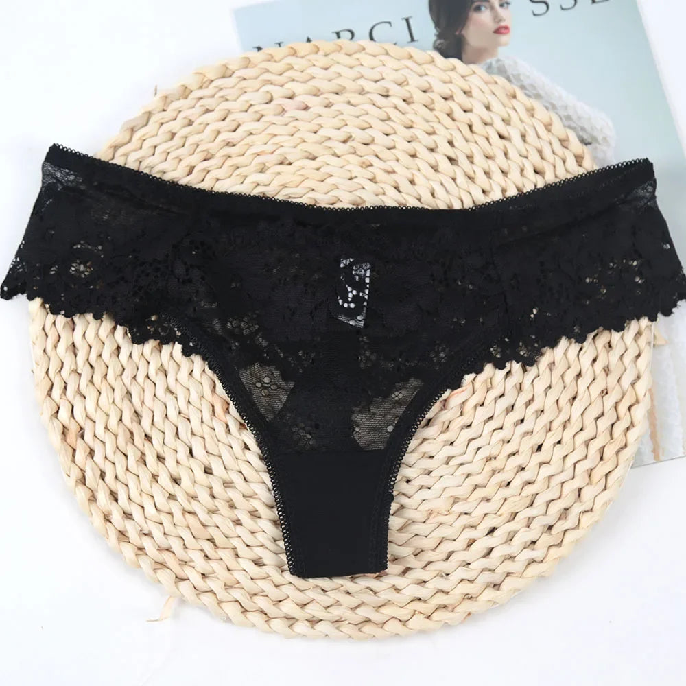Culotte noire sexy en dentelle ajourée à motif floral, taille basse, sous-vêtements respirants, lingerie féminine