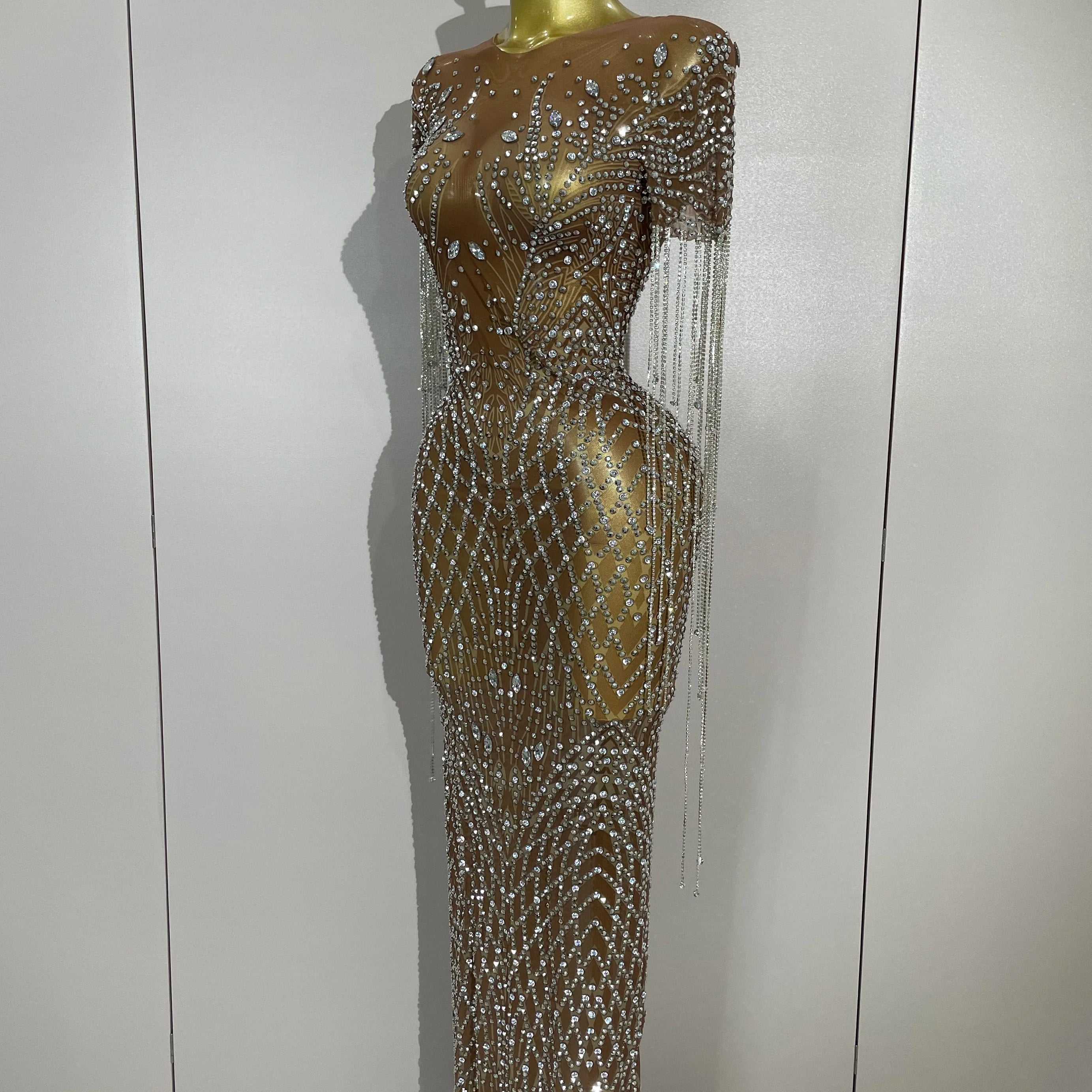 Luxery Sparkly Rhinestones Tassel Transparent Mesh Stretch Long Dress Women Evening Celebrate Birthday Dress Sexy Stage Costumes