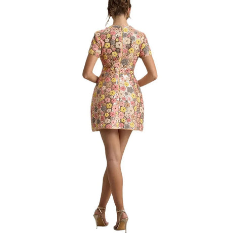 Robe courte élégante à manches courtes et col rond pour femme, ornée de sequins et de patchwork, collection printemps-été 2025. Robe de soirée décontractée et sexy pour femme cintrée.