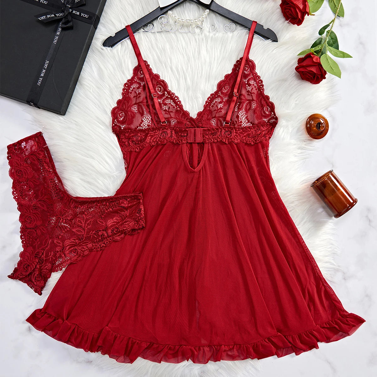 Nuisette d'été en dentelle rouge transparente, ensemble nuisette et culotte sexy pour femme