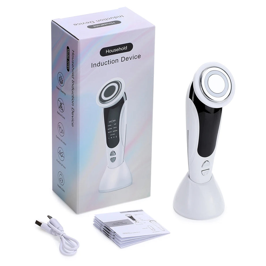 Appareil de massage facial EMS 7 en 1, instrument de beauté pour le visage avec vibrations induites, compresses chaudes et thérapie par la lumière LED.