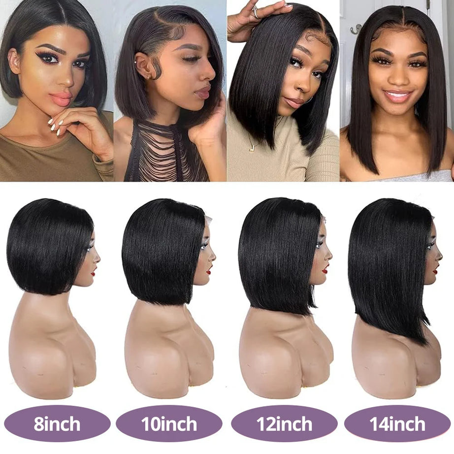 Brazilian Human Hair Bob Wigs Glueless HD Lace Front Wig No Glue Short Bone Straight Lace Frontal Wig Ready to Wear 250 Density