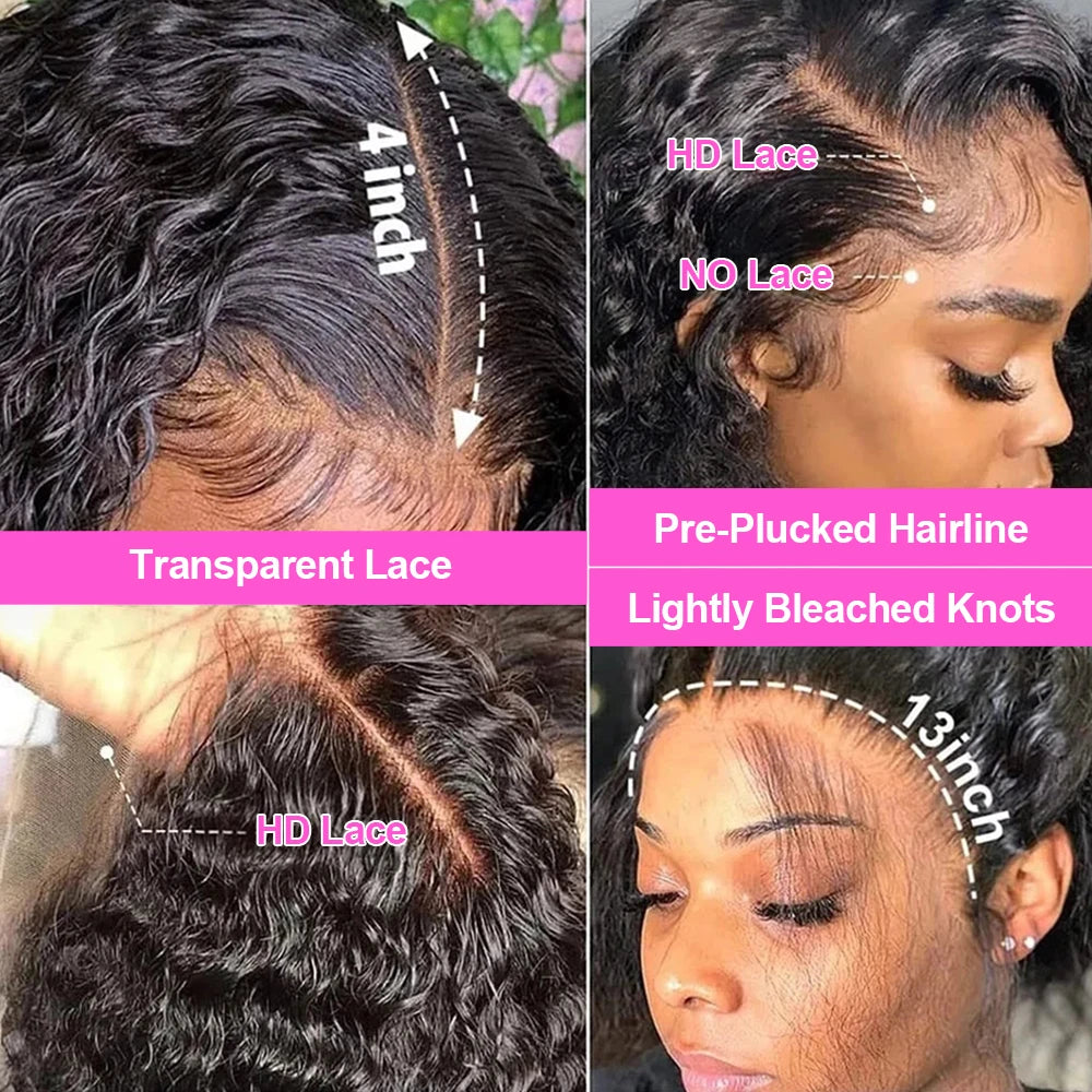 Perruques bouclées au carré, cheveux humains brésiliens, 13x4 Deep Water Wave, perruques frontales en dentelle 5x1 et 13x1 avec raie en T, pour femmes, pré-épilées à 200 %.