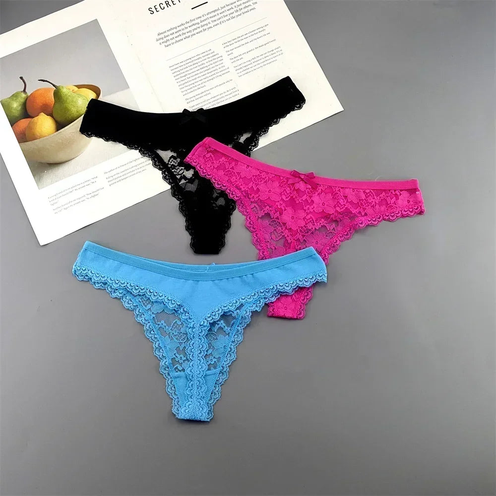 Lot de 3 culottes string sexy en dentelle transparente pour femme, sans coutures, style bikini, taille basse, tailles S à XXL