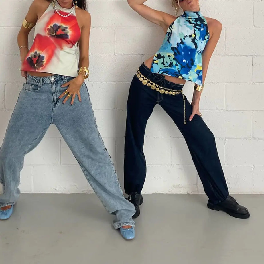 Combhasaki Débardeurs d'été pour femmes, style années 2000, à boutons, col halter, sans manches, dos nu, imprimé à pois/fleurs tie-dye