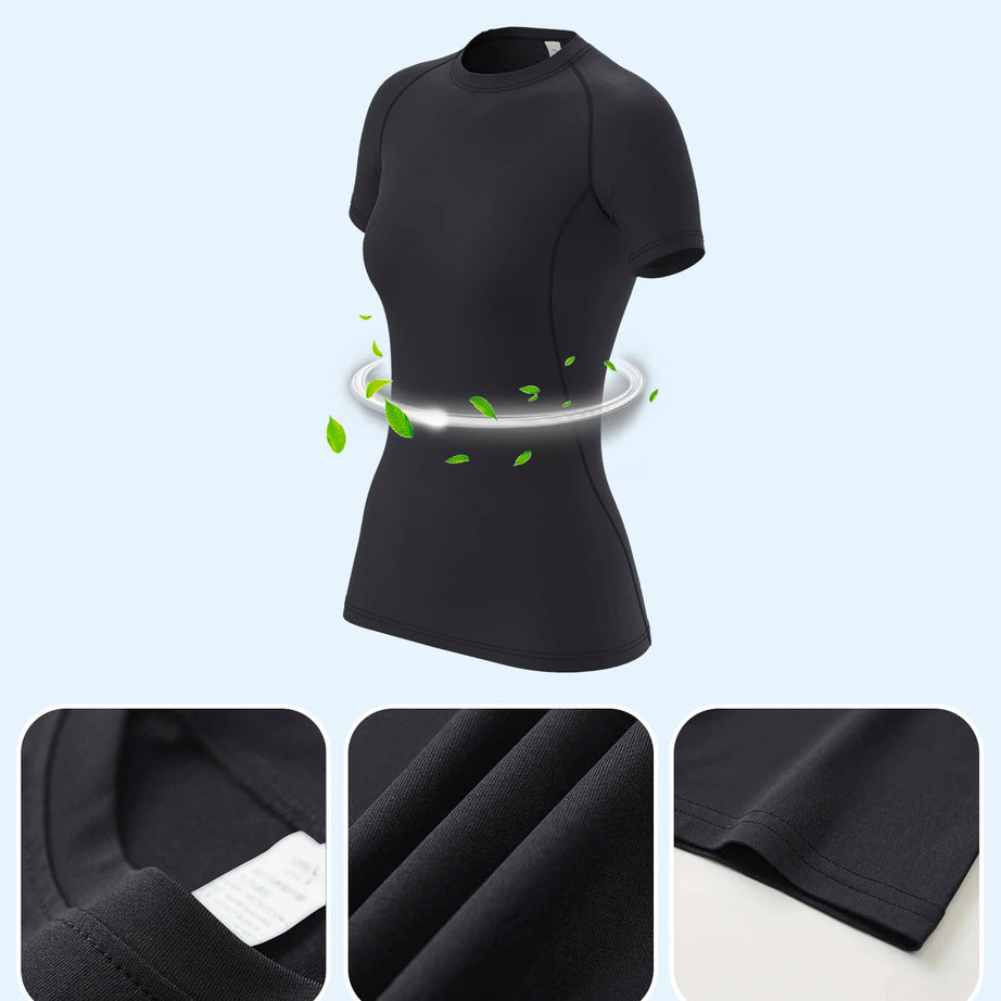 T-shirt de compression pour femme, manches courtes, idéal pour le sport, le yoga et la course à pied, parfait pour l'été et la salle de sport. Ce t-shirt extensible à séchage rapide est idéal pour les séances d'entraînement.
