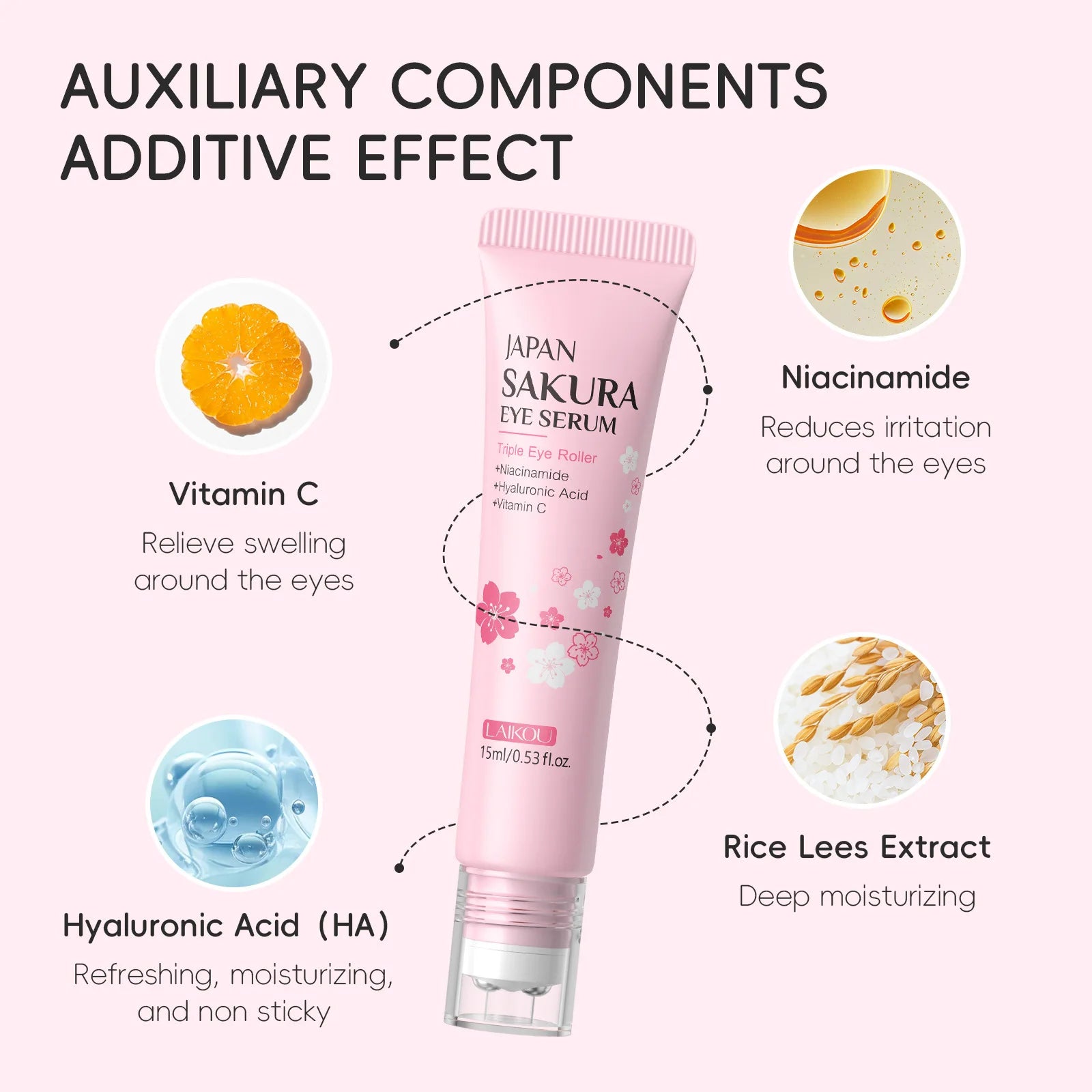 LAIKOU Sakura Eye Serum Roller Massage con ácido hialurónico para el cuidado de la piel, bolsas en los ojos, crema hidratante para ojeras 15 ml