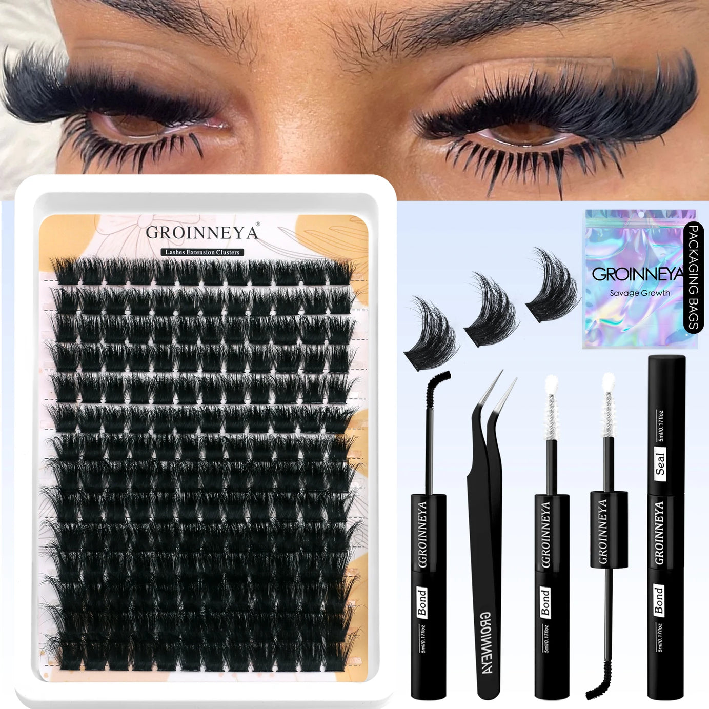 Kit de faux cils GROINNEYA avec patchs waterproof à tenue forte, kit d'extension de cils à faire soi-même, colle et fixateur, pince à épiler et maquillage.