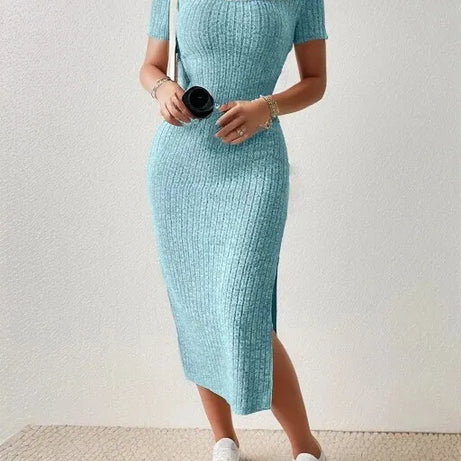 Robe d'été en maille fendue, col carré, jupe mi-longue moulante, manches courtes