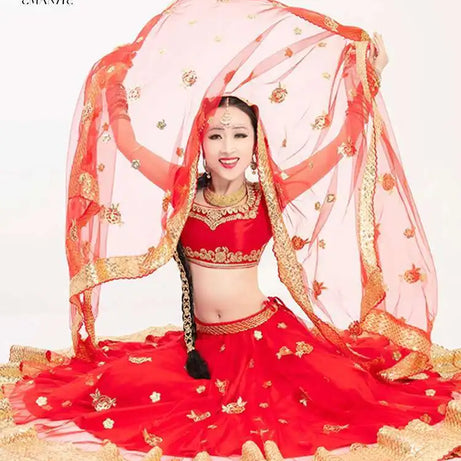 Yiman Exotic Indian Dance Dress Ethnic Style Female Photo Belly Dance Sari Top Big Swing Skirt Lengha Set