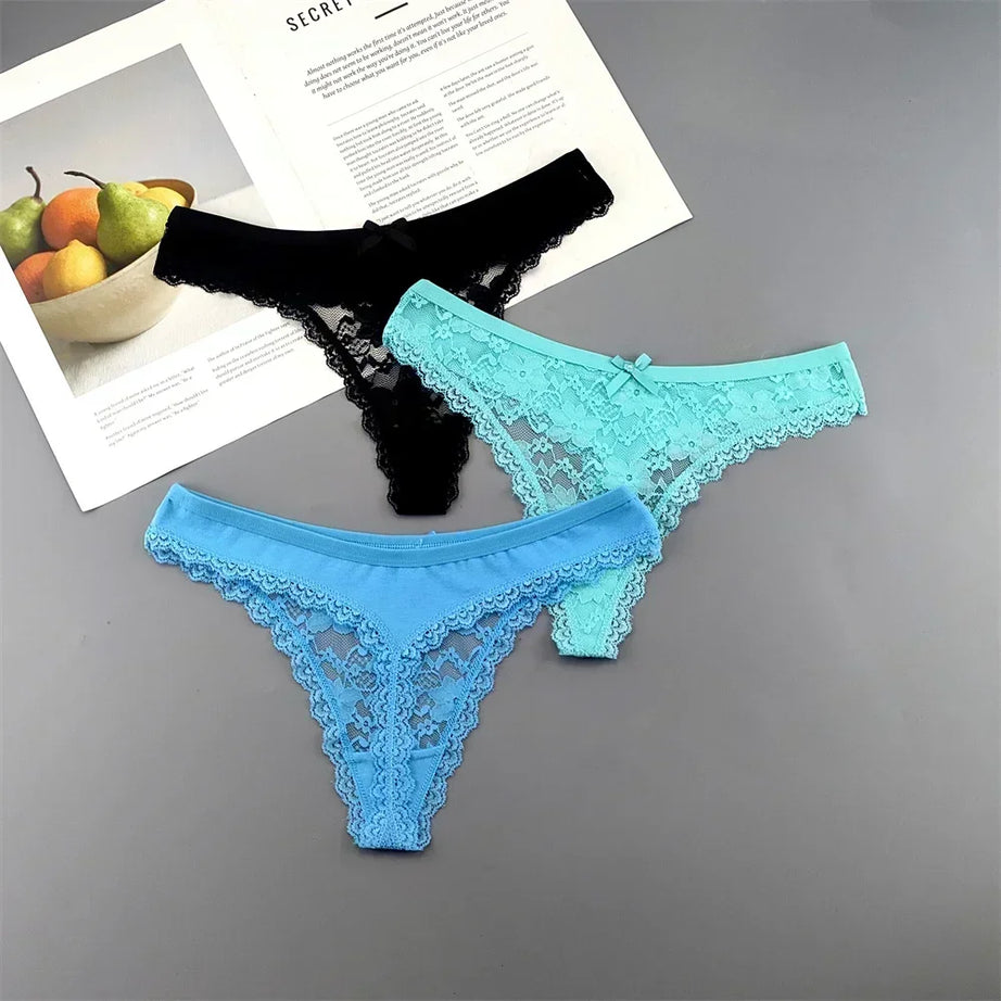 Lot de 3 culottes string sexy en dentelle transparente pour femme, sans coutures, style bikini, taille basse, tailles S à XXL