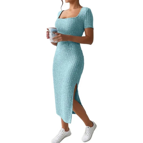Robe d'été en maille fendue, col carré, jupe mi-longue moulante, manches courtes