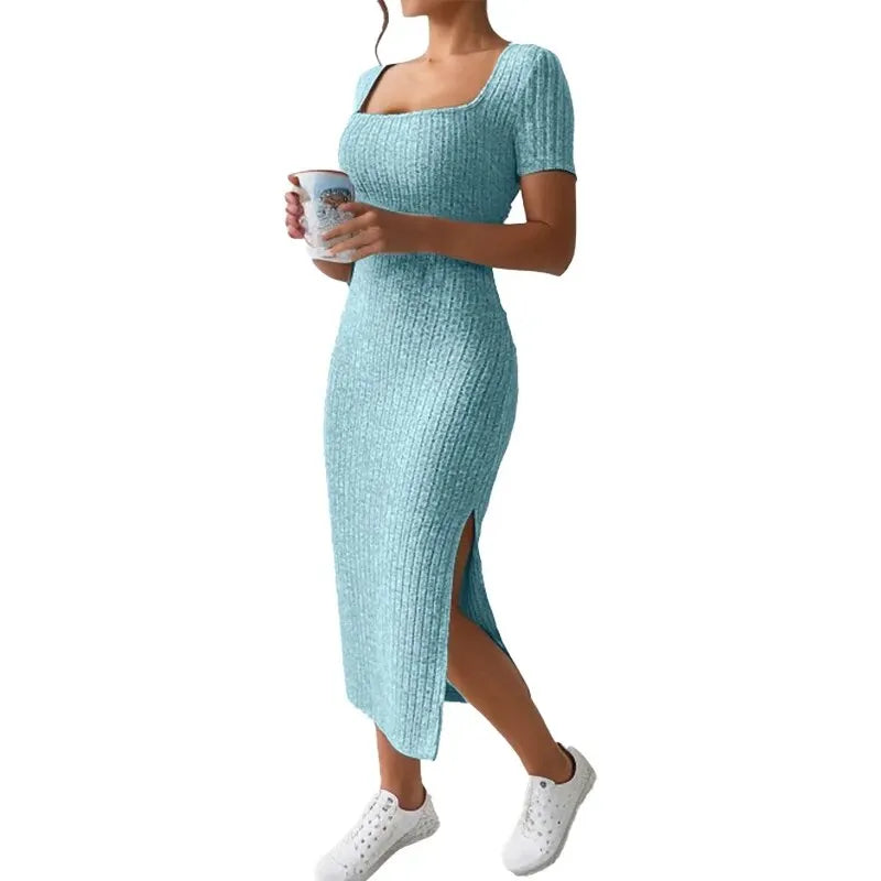 Robe d'été en maille fendue, col carré, jupe mi-longue moulante, manches courtes
