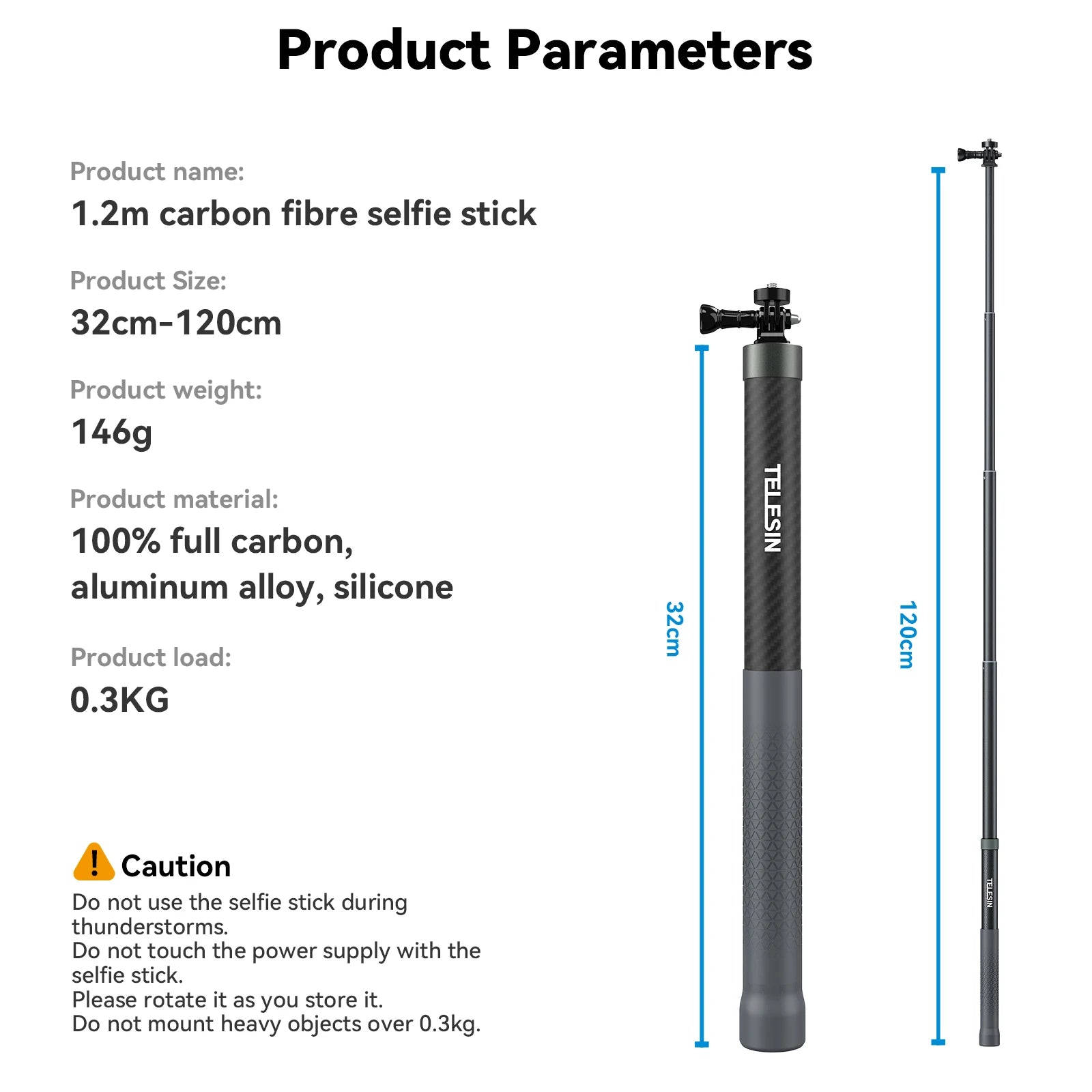 Perche à selfie monopode extensible TELESIN en fibre de carbone de 1,2 m x 3 m, avec vis 1/4", compatible avec les caméras d'action GoPro, Insta360, Osmo Action et DJI.