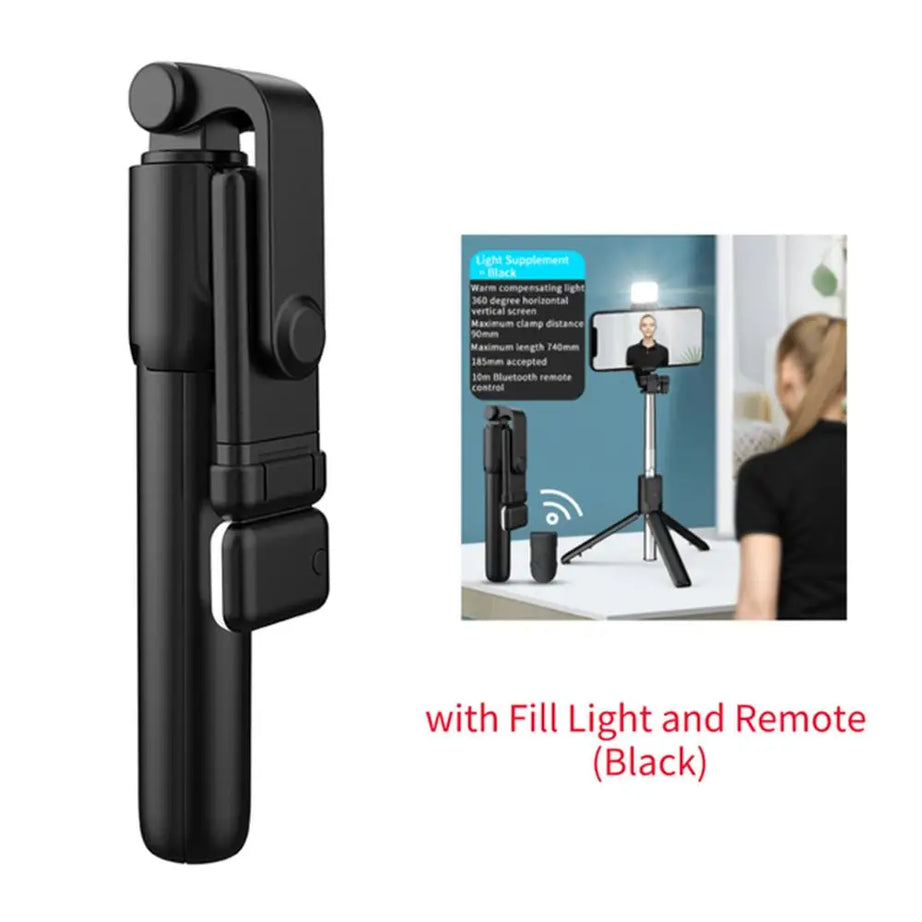 Perche à selfie avec trépied, télécommande Bluetooth et support de téléphone sans fil avec lumière LED intégrée pour le streaming en direct.