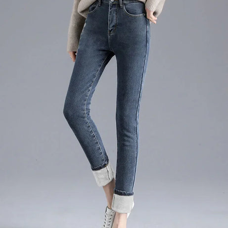 Jean d'hiver épais doublé polaire pour femme, amincissant, chaud et élastique, coupe crayon