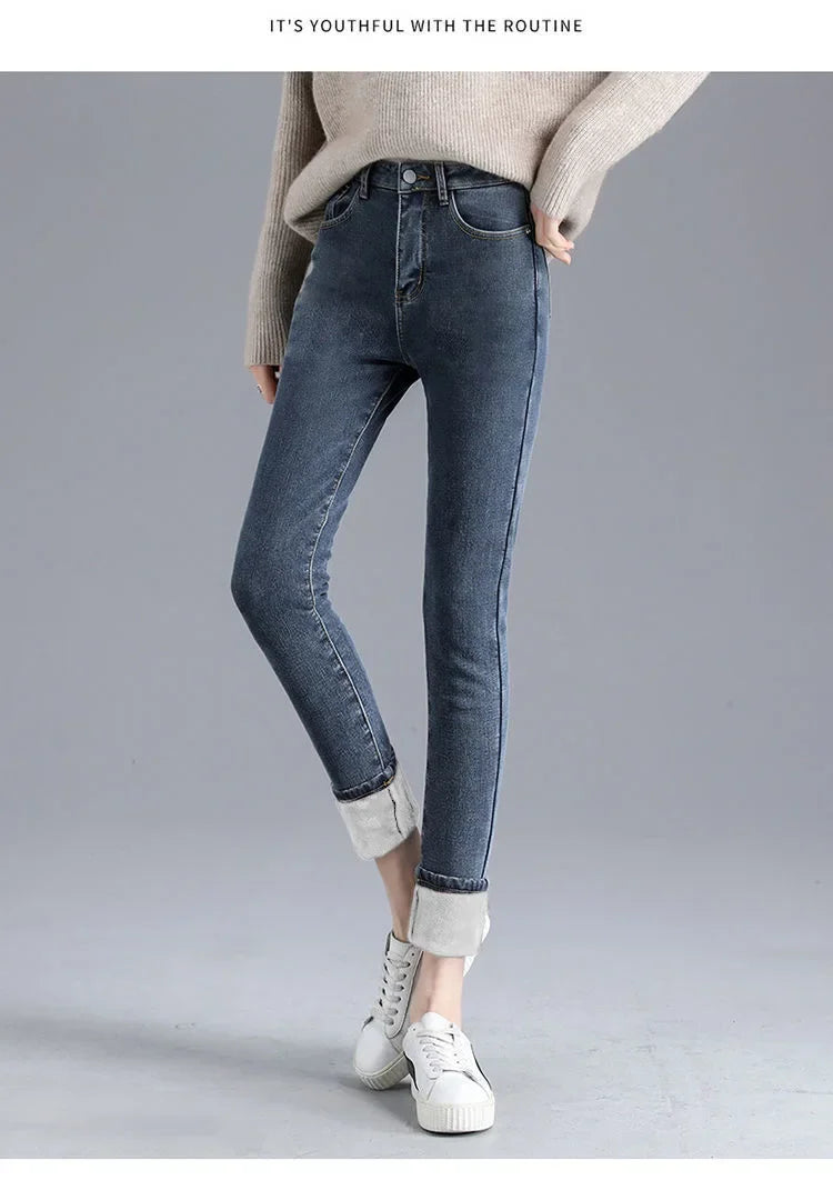 Jean d'hiver épais doublé polaire pour femme, amincissant, chaud et élastique, coupe crayon
