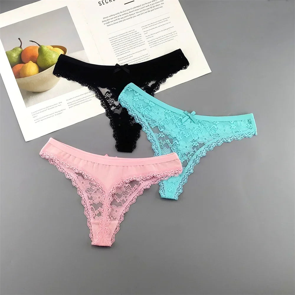 Lot de 3 culottes string sexy en dentelle transparente pour femme, sans coutures, style bikini, taille basse, tailles S à XXL