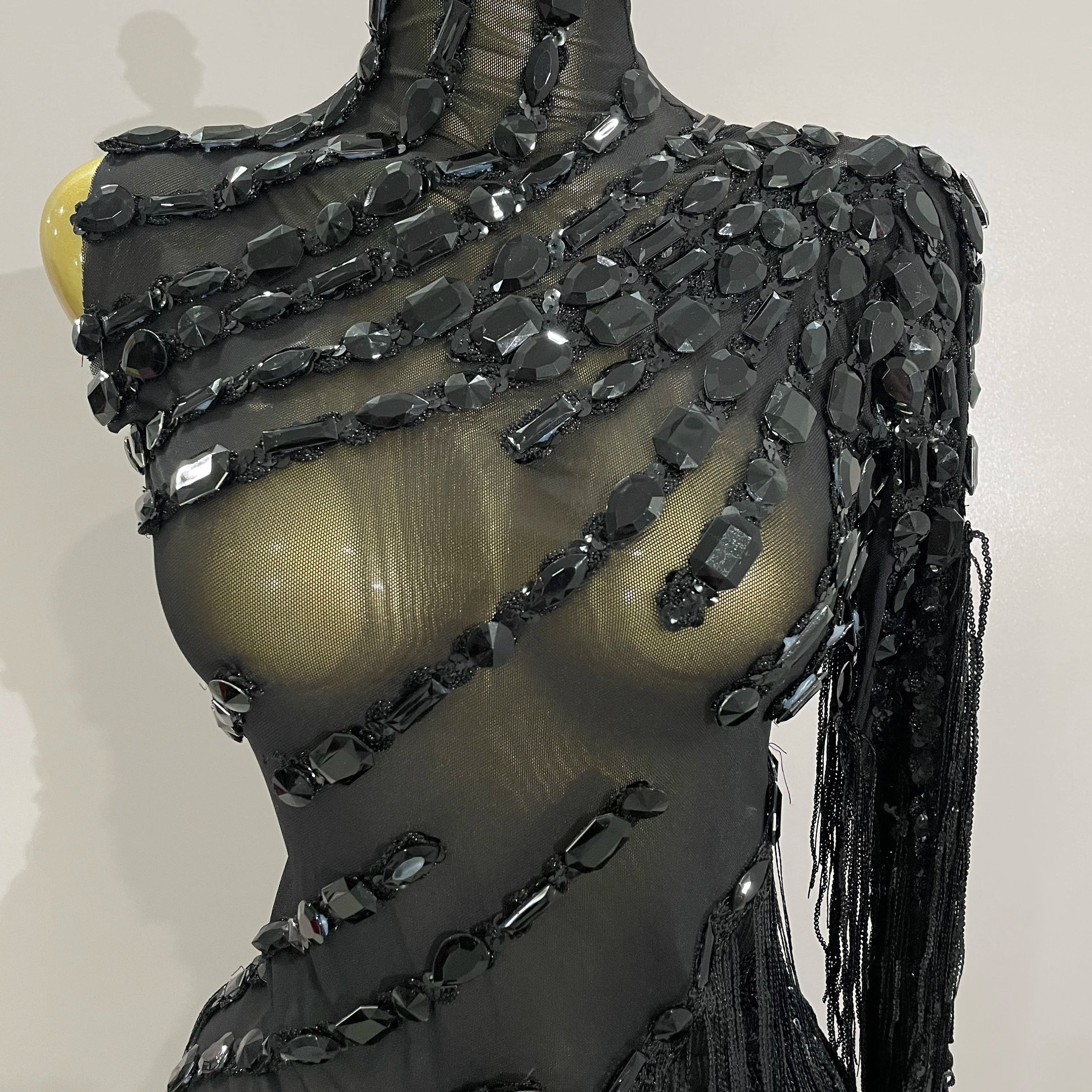 New Stage Costume Sparkly Rhinestones Tassel Sexy See-Through Dress Women One Shoulder Latin Dance Bars Nightclub Party Outfits