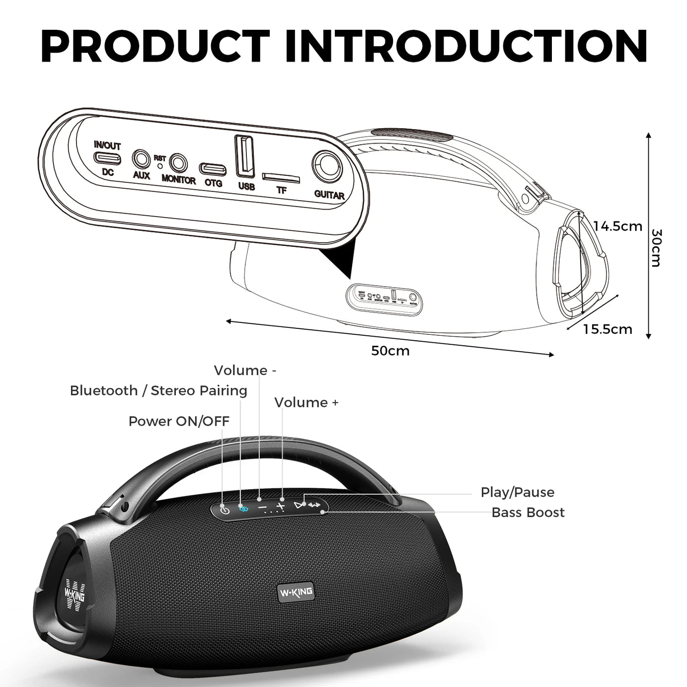 Enceinte Bluetooth portable W-KING 200 W RMS, boombox de fête aux basses puissantes, enceinte étanche IPX7, grande enceinte puissante pour l'extérieur