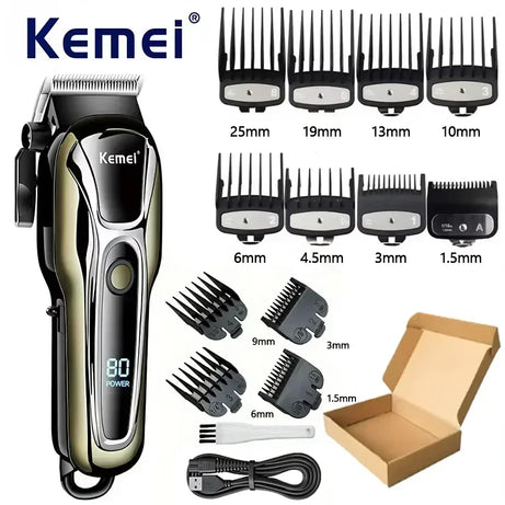Tondeuse à cheveux rechargeable Kemei PG1990A avec peignes de guidage, professionnelle et sans fil, pour hommes. Appareil de coupe de cheveux pour hommes.