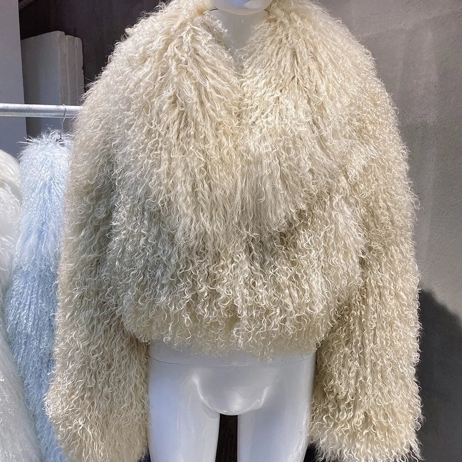 Manteau court en véritable fourrure de mouton de Mongolie, manches longues, pour femme.