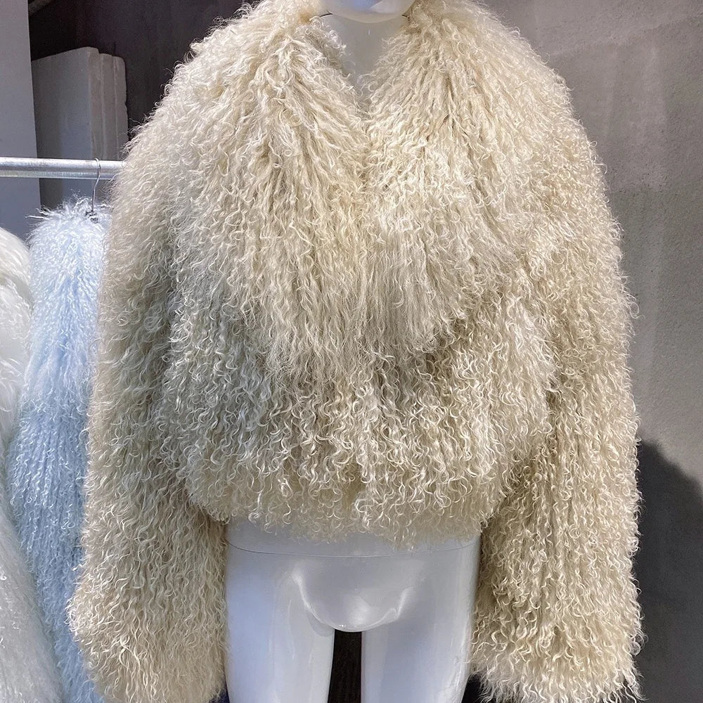 Manteau court en véritable fourrure de mouton de Mongolie, manches longues, pour femme.