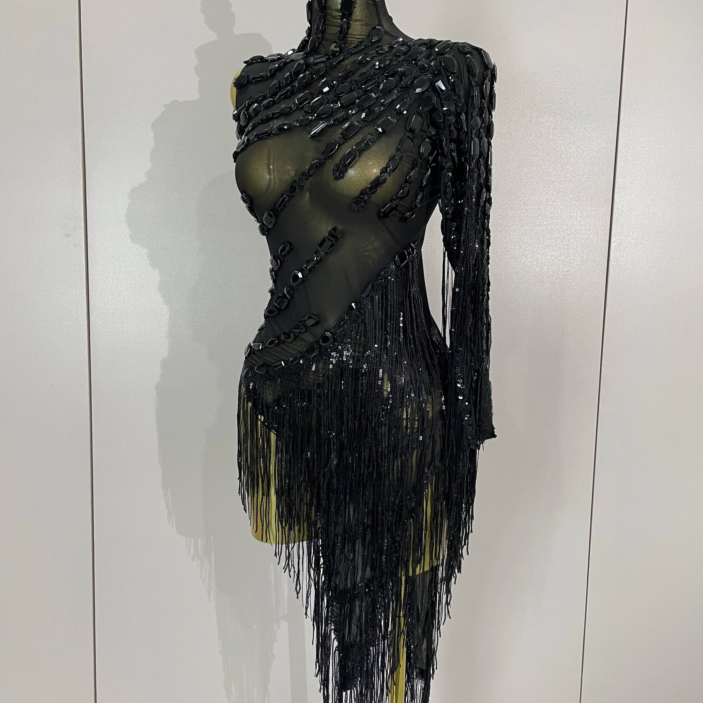 New Stage Costume Sparkly Rhinestones Tassel Sexy See-Through Dress Women One Shoulder Latin Dance Bars Nightclub Party Outfits