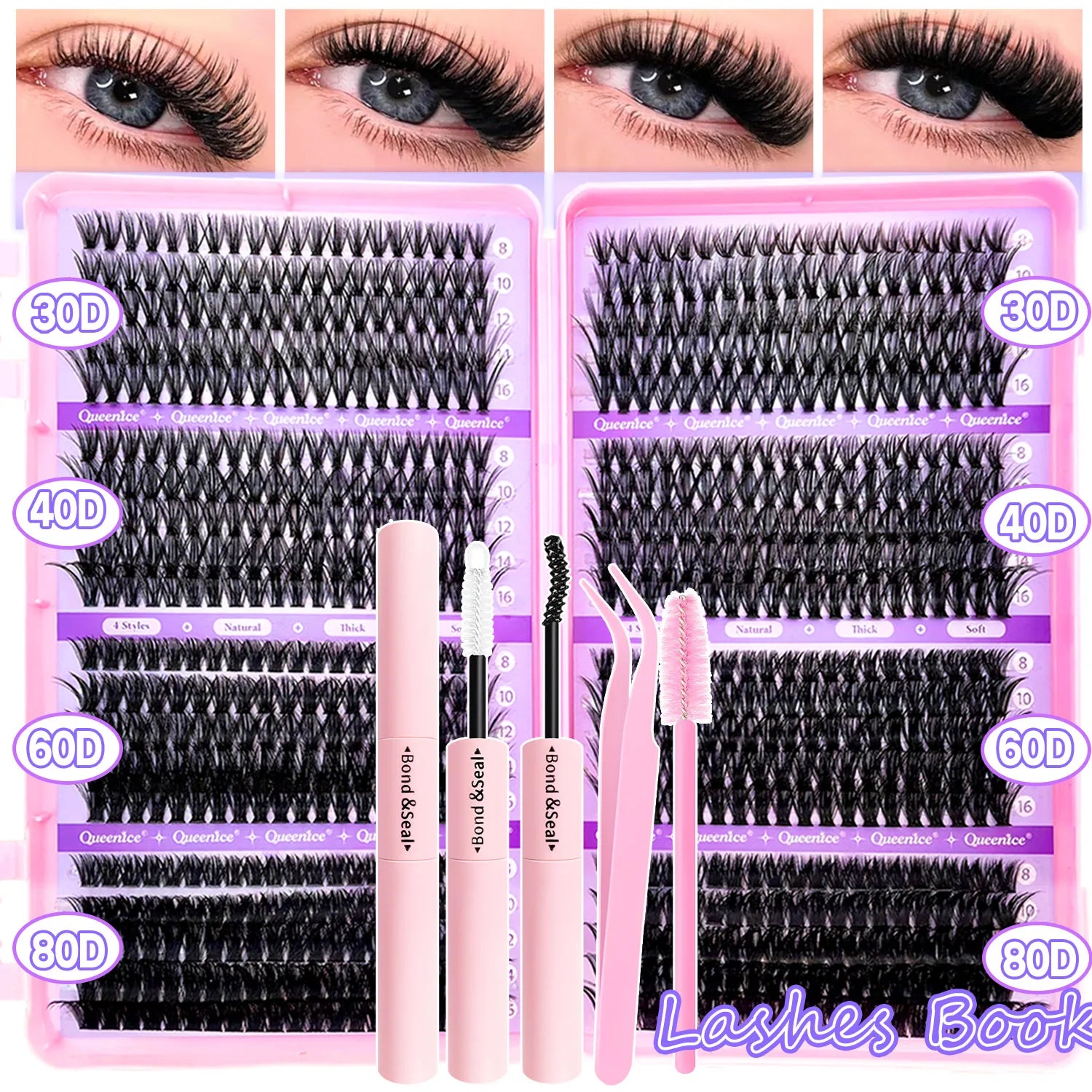 Kit d'extension de cils à faire soi-même : faux cils individuels de 9 à 16 mm avec colle et fixateur, effet naturel et vaporeux.