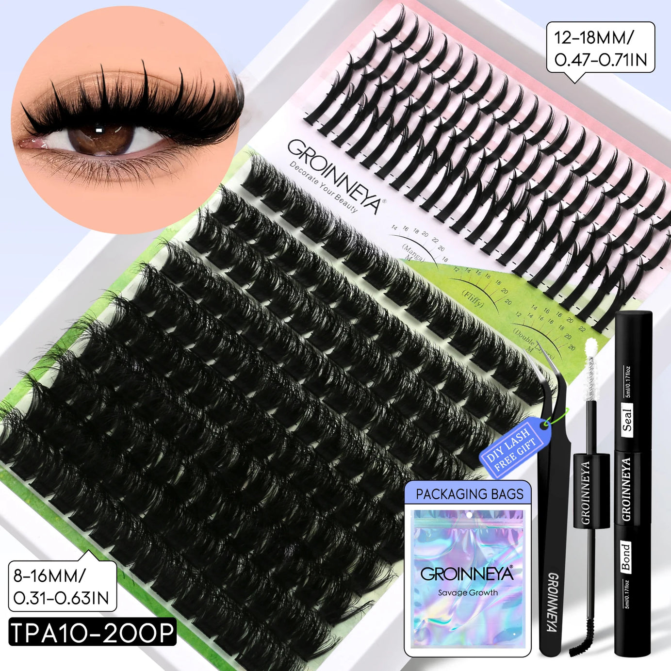 GROINNEYA Lash Clusters Kit DIY Manga Cluster Lashes Set Spikes Lashes Cluster Extension Full Set Individual Eyelashes Makeup