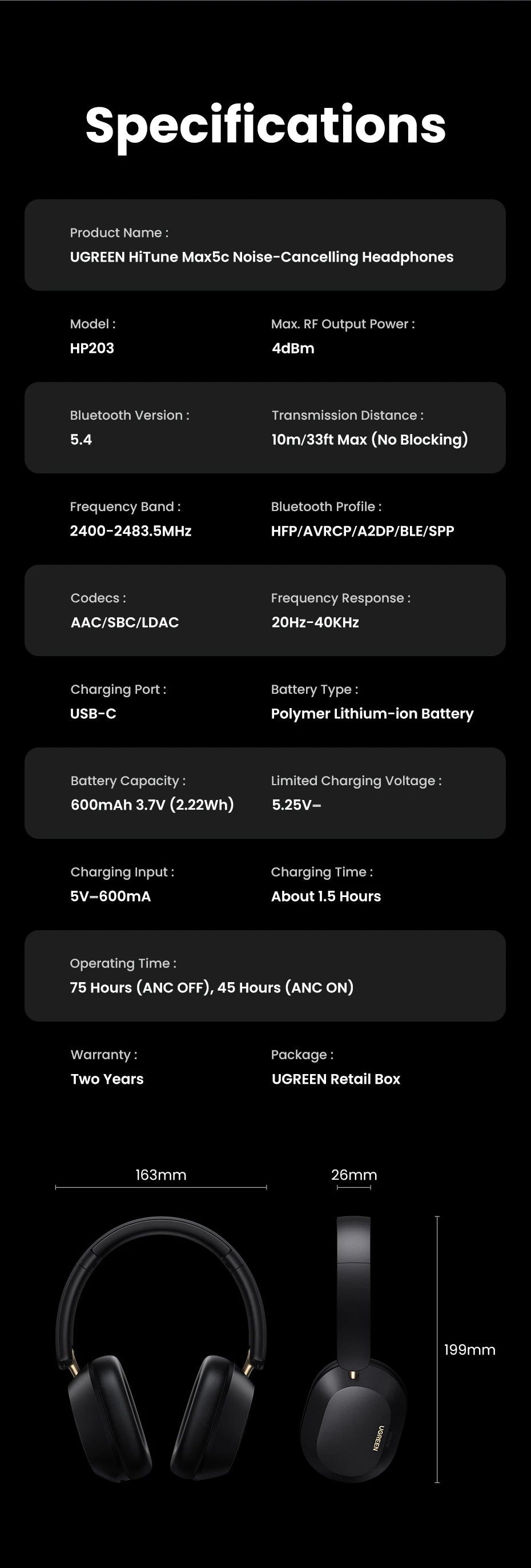 Écouteurs sans fil Bluetooth UGREEN Max5c avec réduction de bruit active ANC 43 dB, audio spatial haute résolution LDAC 75 Hz.