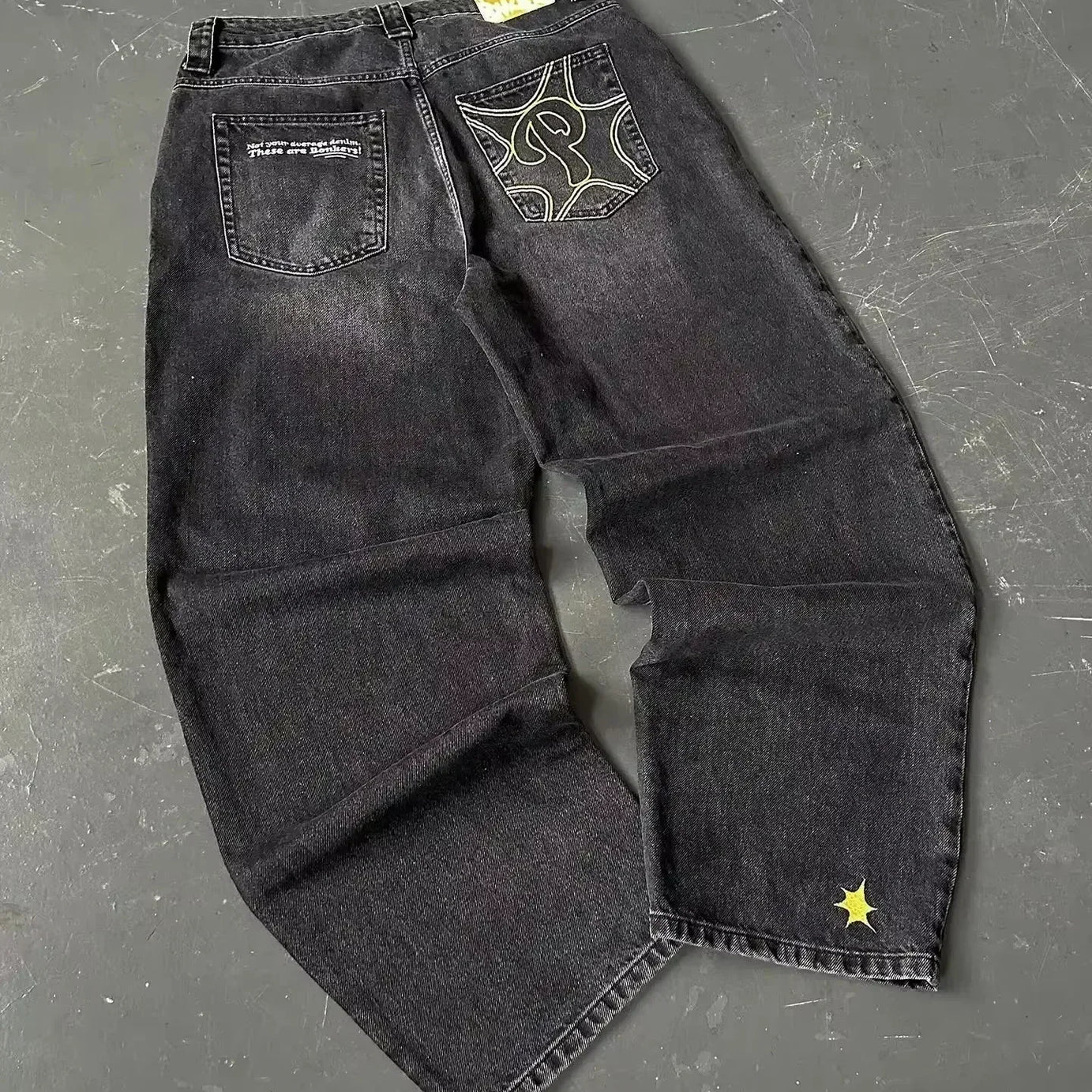 Jean tendance streetwear brodé de têtes de mort pour femme, style Harajuku Y2K, pantalon droit à jambes larges, style Joker, jean décontracté pour couple