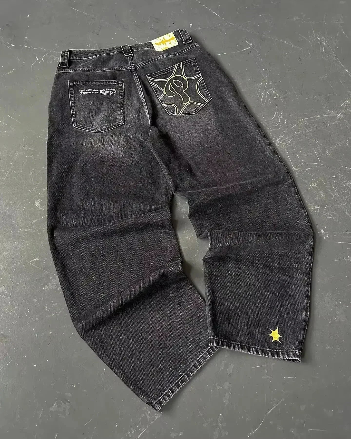 Jean tendance streetwear brodé de têtes de mort pour femme, style Harajuku Y2K, pantalon droit à jambes larges, style Joker, jean décontracté pour couple