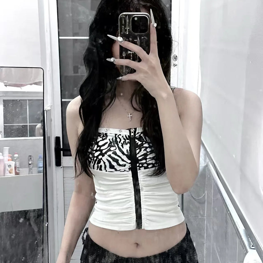 Débardeur sexy rétro slim sans bretelles, imprimé léopard, style punk Harajuku, fermeture éclair.