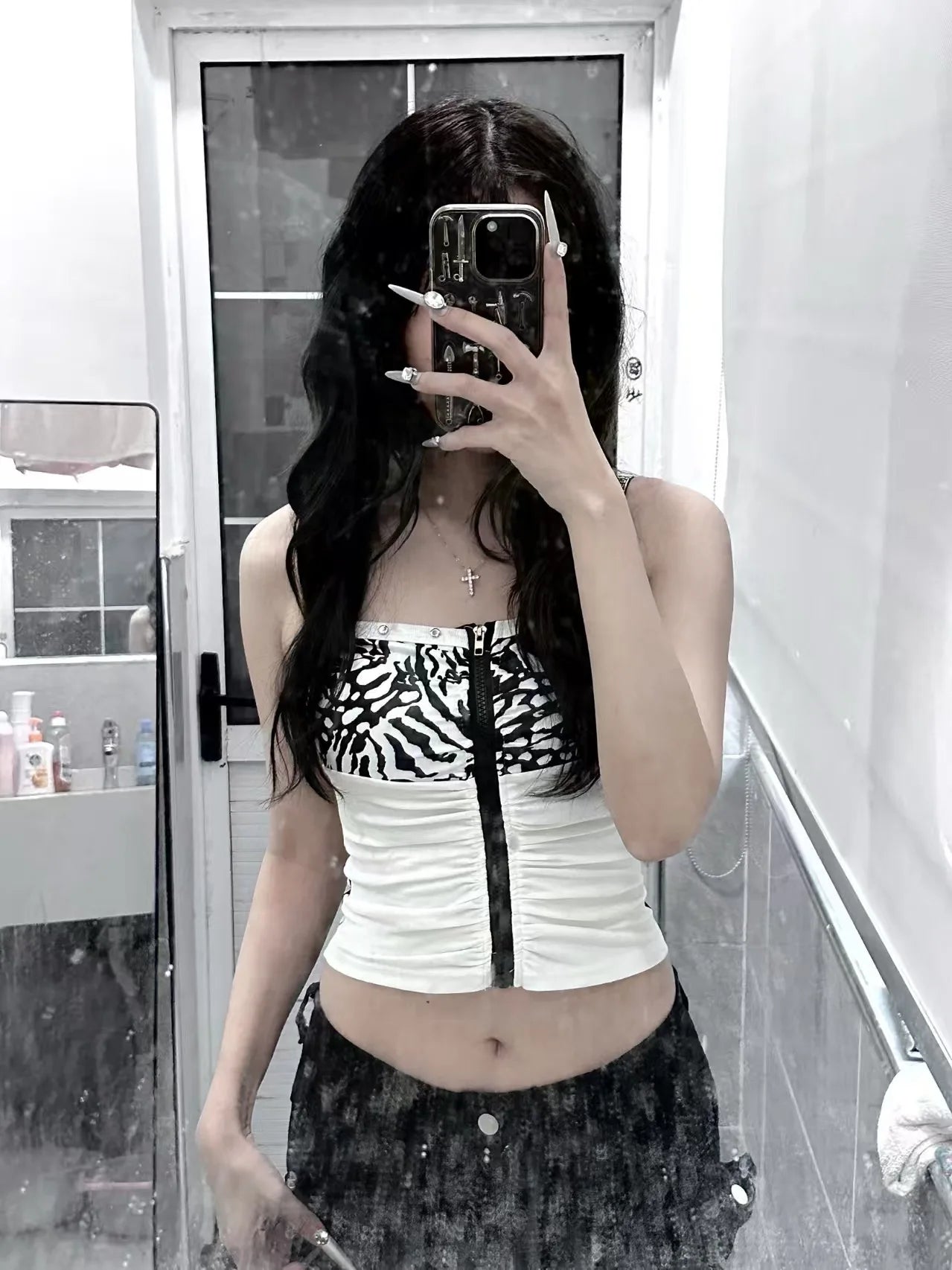 Débardeur sexy rétro slim sans bretelles, imprimé léopard, style punk Harajuku, fermeture éclair.