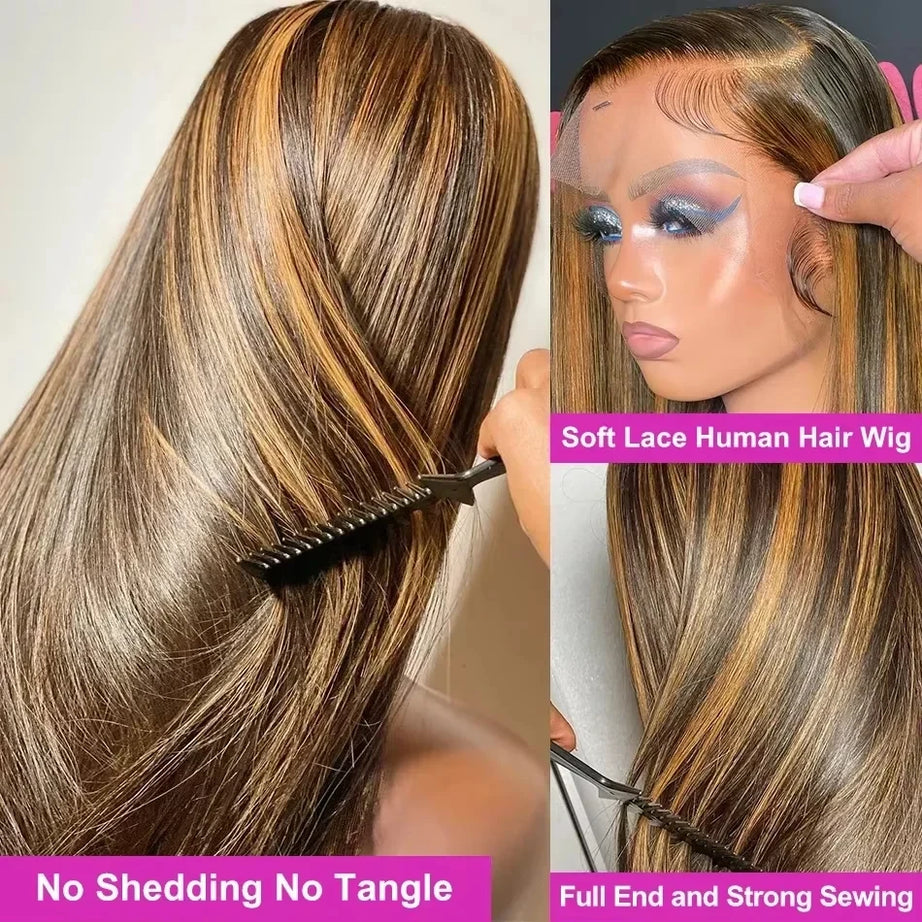38 Inch Straight Human Hair Wigs Highlight Wig Human Hair 13x6 Hd Lace Frontal Wig Straight Wig 13x4  4/27 Honey Blond Ombre Wig