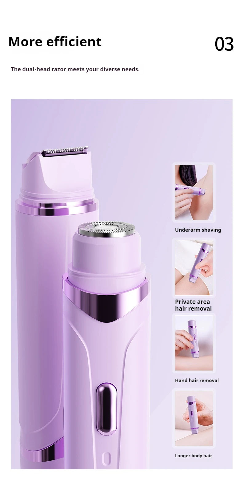 Rasoir électrique 2 en 1 pour femmes, épilation indolore, tondeuse corporelle rechargeable, épilateur pour aisselles et moustache