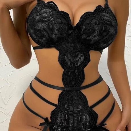Ensemble de lingerie sexy en dentelle pour femme – Soutien-gorge à volants transparents et string taille haute à bretelles, sous-vêtements transparents élégants