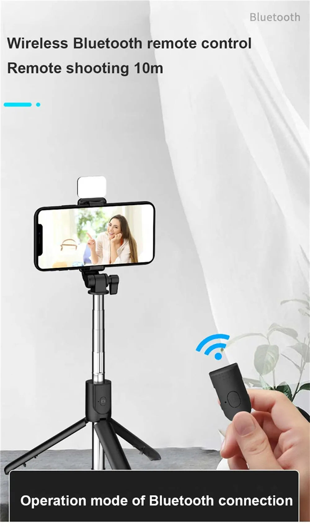 Perche à selfie sans fil avec support de téléphone, mini trépied multifonctionnel rétractable de 74 cm, lampe selfie LED et déclencheur à distance Bluetooth.