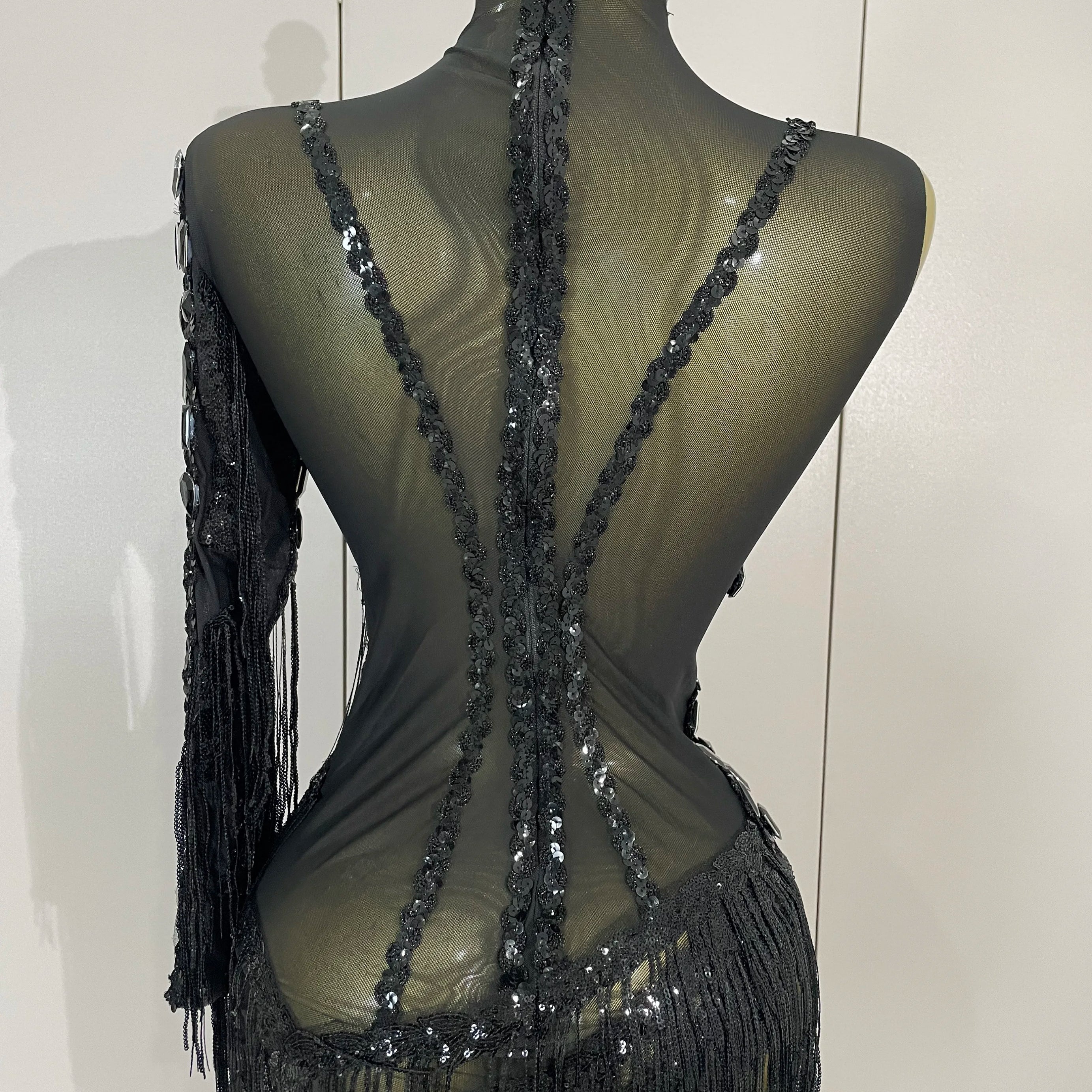 New Stage Costume Sparkly Rhinestones Tassel Sexy See-Through Dress Women One Shoulder Latin Dance Bars Nightclub Party Outfits