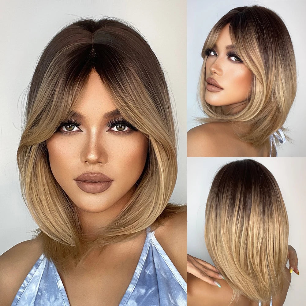 Perruque synthétique blanche, blonde et grise avec frange, coupe courte et lisse, idéale pour le cosplay et le quotidien. Cheveux naturels et résistants à la chaleur.