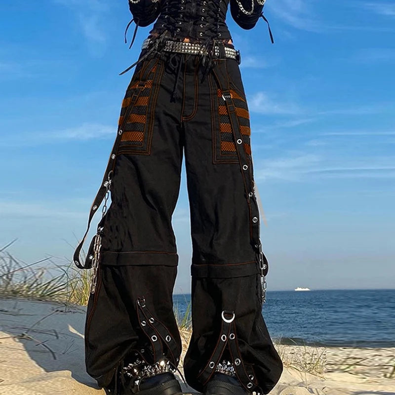 Pantalon en jean large style punk Y2K, pantalon ample gothique e-girl, pantalon cargo cyber grunge, jean baggy taille haute Harajuku pour femme