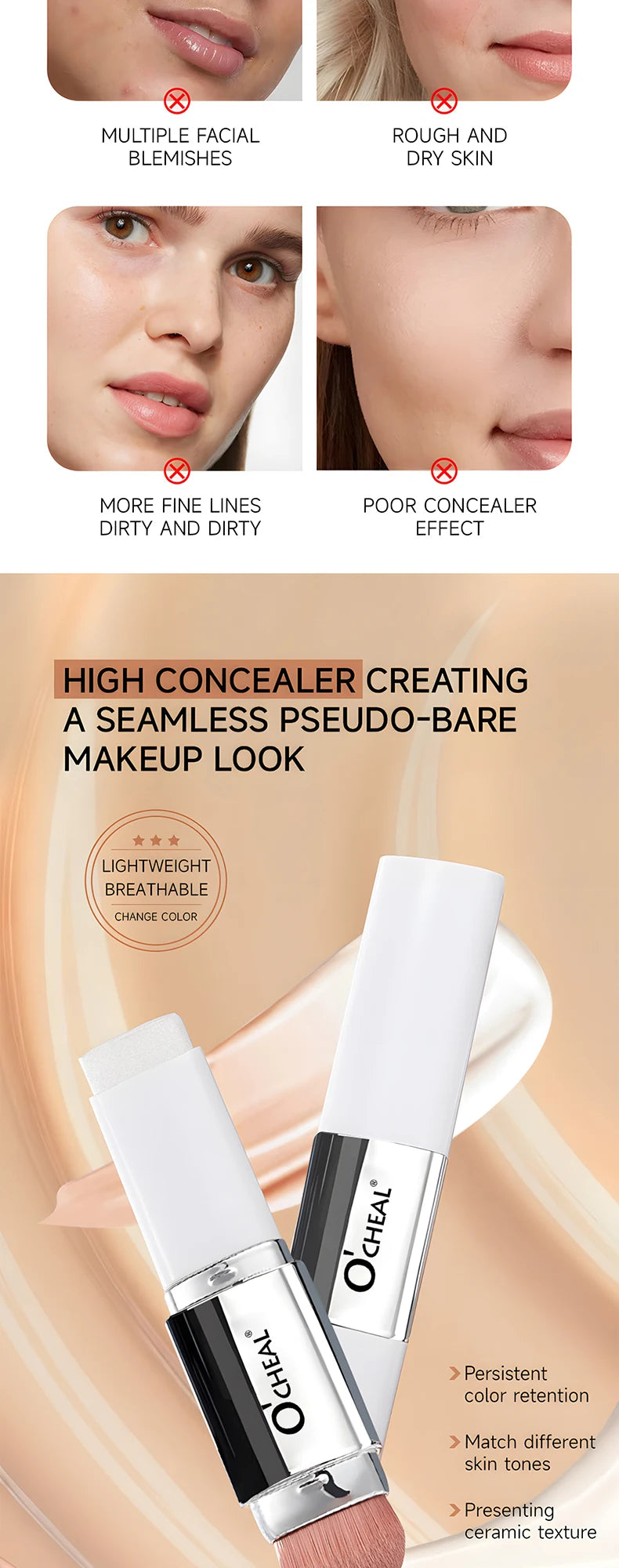 Fond de teint stick thermosensible O'CHEAL, couvrance du visage, imperfections et pores, double embout, fini mat.