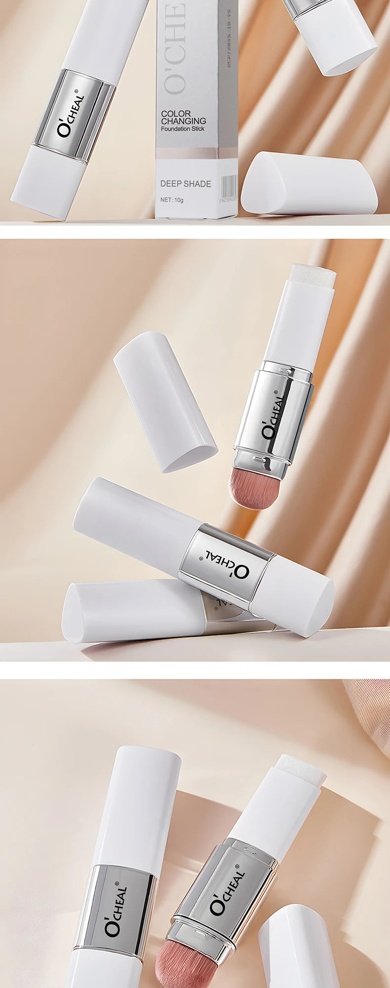 Fond de teint stick thermosensible O'CHEAL, couvrance du visage, imperfections et pores, double embout, fini mat.