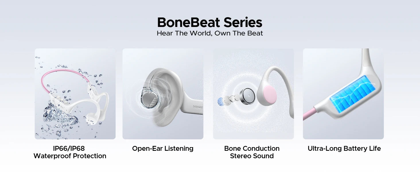 Écouteurs intra-auriculaires à conduction osseuse DOOGEE BoneBeat Run, sans fil, Bluetooth 5.4, étanches, pour la musique et les appels sportifs en extérieur