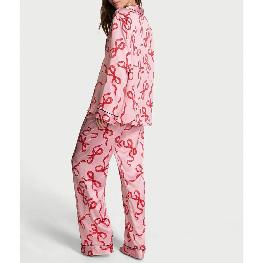 Ensemble pyjama 2 pièces en satin pour femme HEZIOWYUN : haut à manches longues avec col à revers et imprimé nœud/étoiles + pantalon à taille élastique.