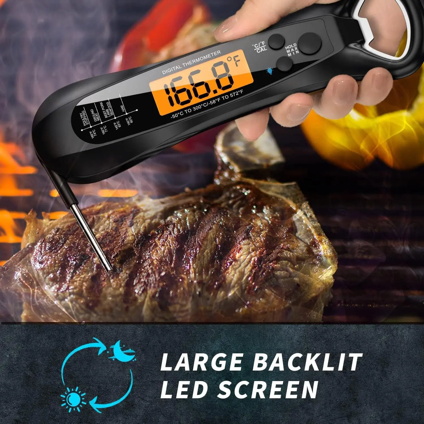 Thermomètre à viande à lecture instantanée pour la cuisson, thermomètre alimentaire numérique rapide et précis avec rétroéclairage, aimant, étalonnage, cuisine