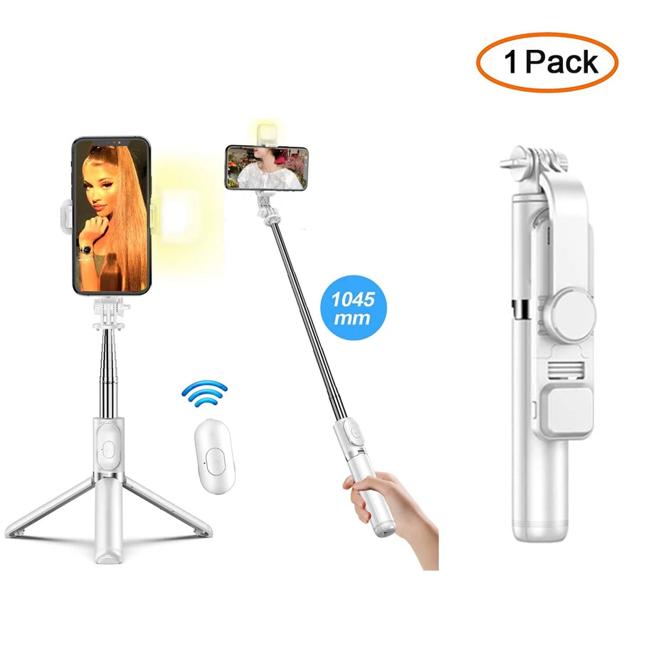 Perche à selfie sans fil Bluetooth avec trépied pliable et portable, éclairage d'appoint et télécommande pour smartphones Android et iPhone.