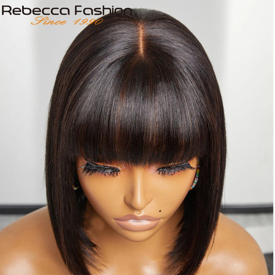 Perruques en cheveux humains lisses avec frange, raie au milieu, coupe au carré, style brésilien, effet cuir chevelu réaliste.
