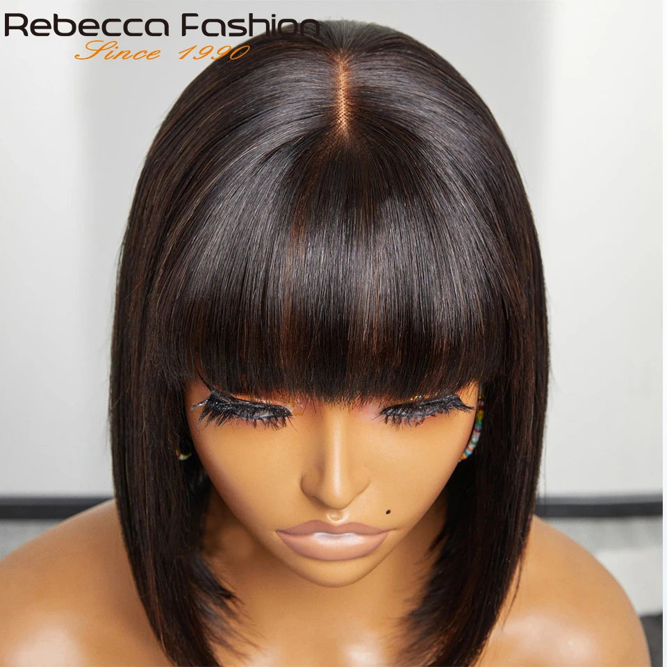Perruques en cheveux humains lisses avec frange, raie au milieu, coupe au carré, style brésilien, effet cuir chevelu réaliste.